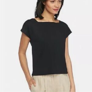 Eileen Fisher Square Neckline Black Short Cap Sleeve Boxy Spring Top Sz Lg